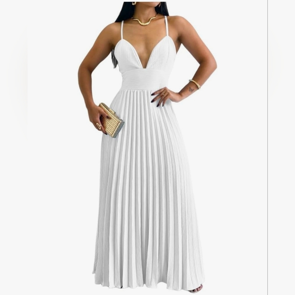 White Spagetti Strap V-Neck Maxi Dress